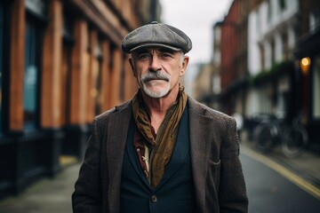 Handsome senior man with grey beard wearing a cap and coat on a street in London