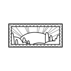 Church stained glass window, vector border sunshine on nature outline, vintage mosaic frame element black contour