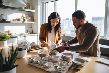 Young couple unpacks kitchenware in their new condo - obrazy, fototapety, plakaty