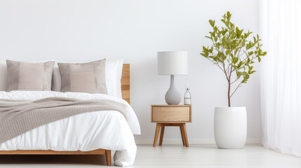 Fototapeta na wymiar Cozy Bedroom With Bed, Nightstands, and Potted Plant. Scandinavian home interior design of modern living home.