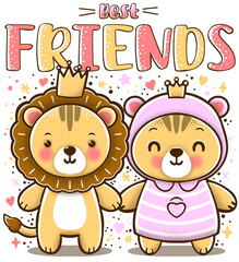 Best Friends Lions Childish Illustration, Baby, Children and Pet Product Pattern. Hand Drawn T-Shirt Print. - 730071912