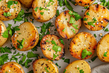 A flat lay composition of grilled potatoes, sea salt, spices like cilantro or pepper for a wholesome meals, with a gradient background and reserved thoughtful space for copy in background...