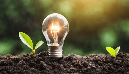 Light bulb and green plants growing from the ground. Energy saving and environmental resource conservation - obrazy, fototapety, plakaty