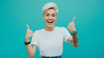 cheerful young woman with short blonde hair and tattoos is pointing to both sides with a big smile, against a vibrant turquoise background