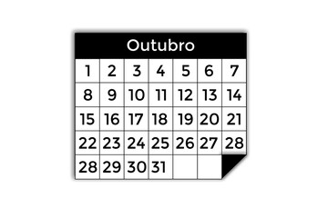 calendário sem fundo, calendário PNG, calendário mensal, agenda, outubro, mês de outubro, programação, evento, feriado, data, dia, semana, mês, ano, anual, planejamento