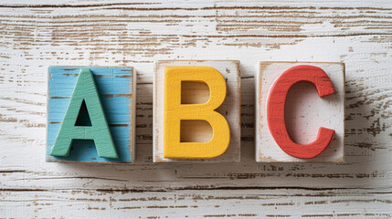 Three adorable small white wooden boxes arranged neatly, showcasing vibrant 'A', 'B', and 'C' letters in a playful font with a colorful alphabet.