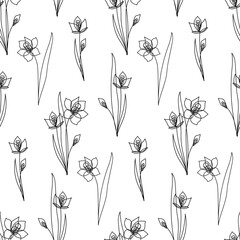 Fototapeta na wymiar Seamless botanical pattern with hand drawn narcissus flower on white. Wrapping paper with daffodil. Coloring of jonquil