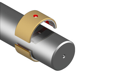 Plain journal bearing illustration showing a bronze liner with babbitt and oil distribution features highlighted in red with a shaft