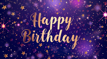 Vibrant "Happy Birthday" text surrounded by sparkling stars on a deep purple background.