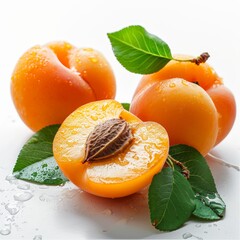 A Fresh Slice of Apricot with green leaves on white background