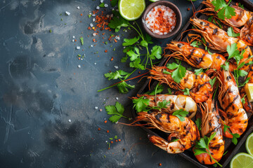 A flat lay composition of grilled shrimps, sea salt, spices like cilantro or pepper for a wholesome meals, with a gradient background and reserved thoughtful space for copy in background...
