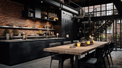 Modern and Traditional Kitchen Interior with open plan matte black dining area. - obrazy, fototapety, plakaty