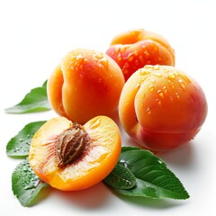 A Fresh Slice of Apricot with green leaves on white background