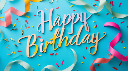 Whimsical "Happy Birthday" lettering intertwined with colorful ribbons on a bright turquoise backdrop.