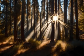 Sunlight streaming through trees, San Bernardino National Forest, California, USA By RooM The Agency