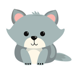 Flat illustration of a stylized gray wolf. Cartoon little wolf cub, cute character for kids. Vector illustration