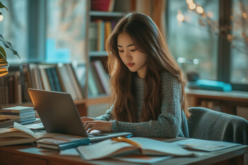 Asian woman sitting calmly working in an office full of books for success. AI Generated - obrazy, fototapety, plakaty