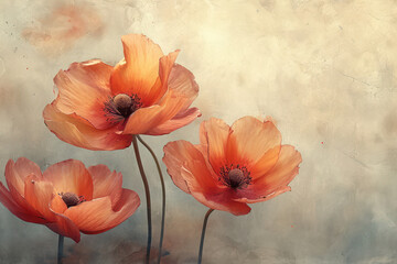 Red Poppy Blossom: Vibrant Floral Art on Grunge Green Meadow