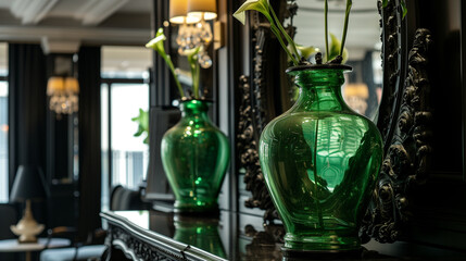 Green vase on the table in the interior of a luxury restaurant