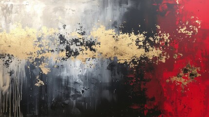 Abstract painting in black and red with golden accents, modern decoration, contemporary art