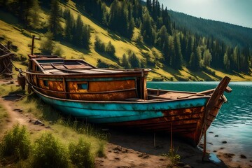 old rusty fishing boat on the slope along the shore of the lake