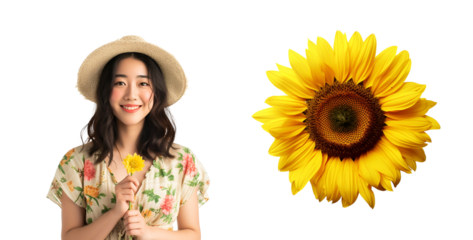 Spring Element Set: Woman with Yellow Flower and Beautiful Sunflower, Design Your Banner, Isolated on Transparent Background, PNG