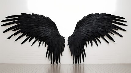 Majestic black angel wings with a subtle shimmer, catching the light against a clean white backdrop, emanating ethereal beauty