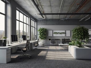 Modern grey office interior with rows of white computer desks and loft windows. Gray carpet with...