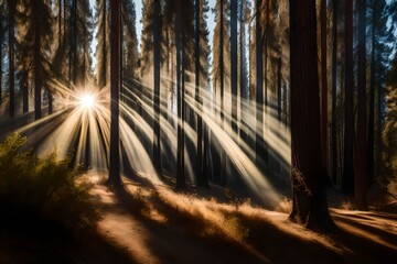 Sunlight streaming through trees, San Bernardino National Forest, California, USA By RooM The Agency