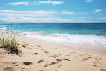 Fototapeta na wymiar Beautiful sandy beach with turquoise sea and blue sky. Beach and family holiday concept