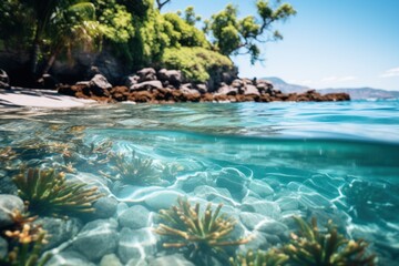 Fototapeta na wymiar Underwater view of coral reef and sea water surface. Tropical landscape. Beach and family holiday concept