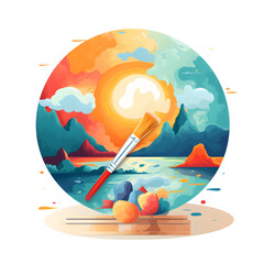 A vibrant illustration capturing the essence of World Art Day, featuring a picturesque landscape painted within a circular canvas. 