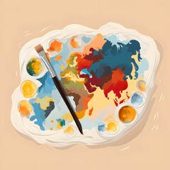 Top view of a World Art Day illustration, featuring a palette brimming with a world map painted in various lively colors, accompanied by a paintbrush.