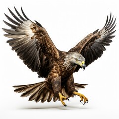 Obraz premium Flying bald eagle bird with big wings isolated on white background