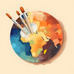The essence of World Art Day, featuring a palette painted with a colorful world map and adorned with brushes ready to create. 