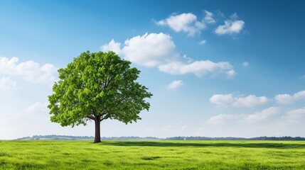 Fototapeta na wymiar Tranquil scene of a single green oak tree in a sunlit field with abundant copy space