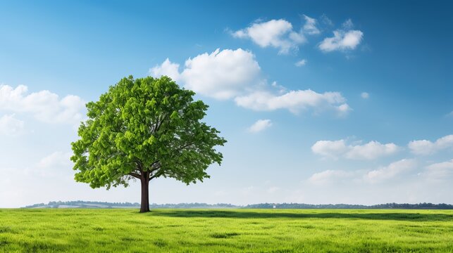 Tranquil scene of a single green oak tree in a sunlit field with abundant copy space