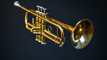 Against a clean and isolated background, a gleaming trumpet stands as a musical centerpiece, its...