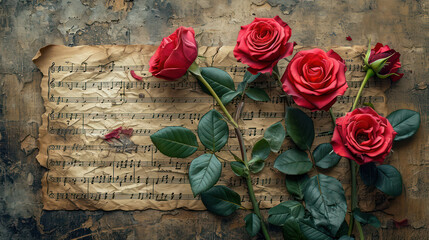 Romantic Love: Vintage Red Rose on Rustic Wooden Background with Floral Decoration
