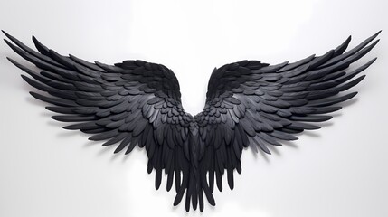 Powerful and commanding black angel wings, perfectlysymmetrical and expansive, standing out against a solid white surface, radiating a divine aura
