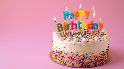 A deliciously decorated birthday cake with candles spelling out "Happy Birthday" against a pastel pink background.