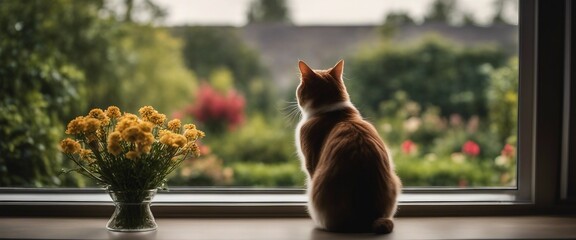 Cat seen from behind in front of a large window overlooking a garden.