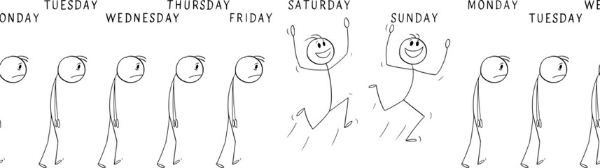 Working Days and Weekend Days Off, Vector Cartoon Stick Figure Illustration - 730079728