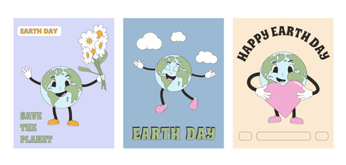 Happy Earth day retro banners with mascot in rubber hose style set. Save the planet groovy poster with character globe. Template for holiday and eco design. Vector illustration