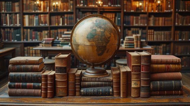 An illustration of a world globe with books symbolizing the universal need for literacy