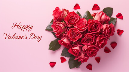 A heart-shaped bouquet of red roses with the words "Happy Valentine's Day" written on a soft pink background.