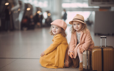 joyful children with a suitcase at the airport 