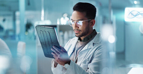 Tablet, thinking or scientist with research in laboratory for a chemistry report or medical test feedback. Asian man, person typing or science update for online medicine development news on website