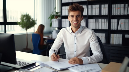 Portrait of a young businessman in a shirt, looking into the camera with a smile on his face 