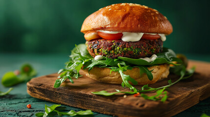 Vegan burger with spinach patty, fresh green salad and yogurt sauce served on a cutting board on a...